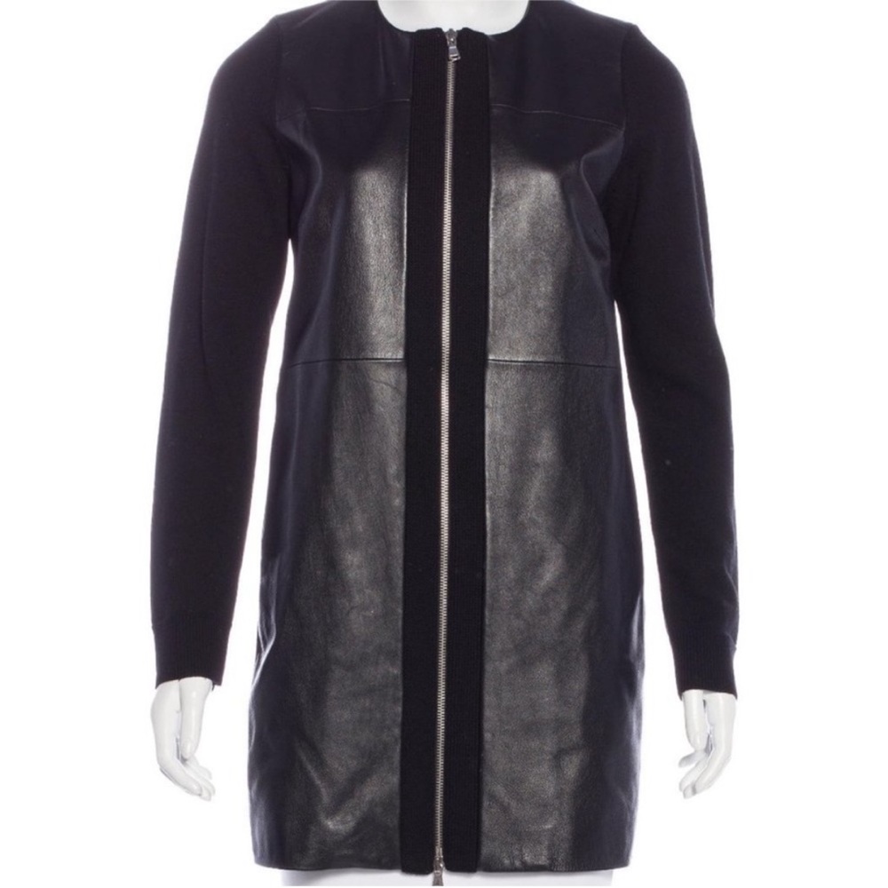 M. Patmos Black Merino Wool Leather Front Panel Zip Up Cardigan XS